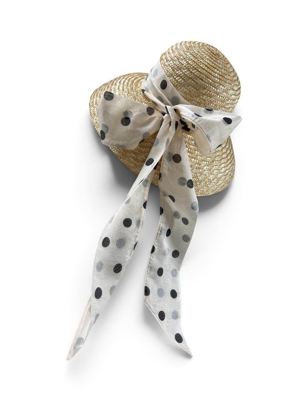 Straw Sun Hat with Polka Dot Scarf Tie - Natural